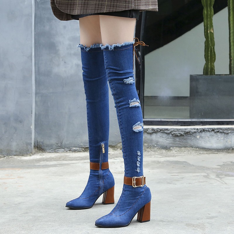 Rimocy Women Sexy Skinny Denim Boots Spring 2021 Wedge High Heel Women Boots Casola Cowboy Over The Knee Boots Botas Mujer