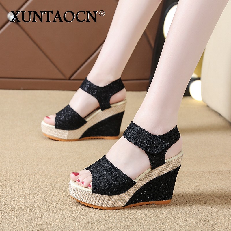 Women Sandals New Summer Fashion Lace Hollow Gladiator Wedges Shoes Woman Slides Peep Toe Hook & Loop Solid Lady Casual