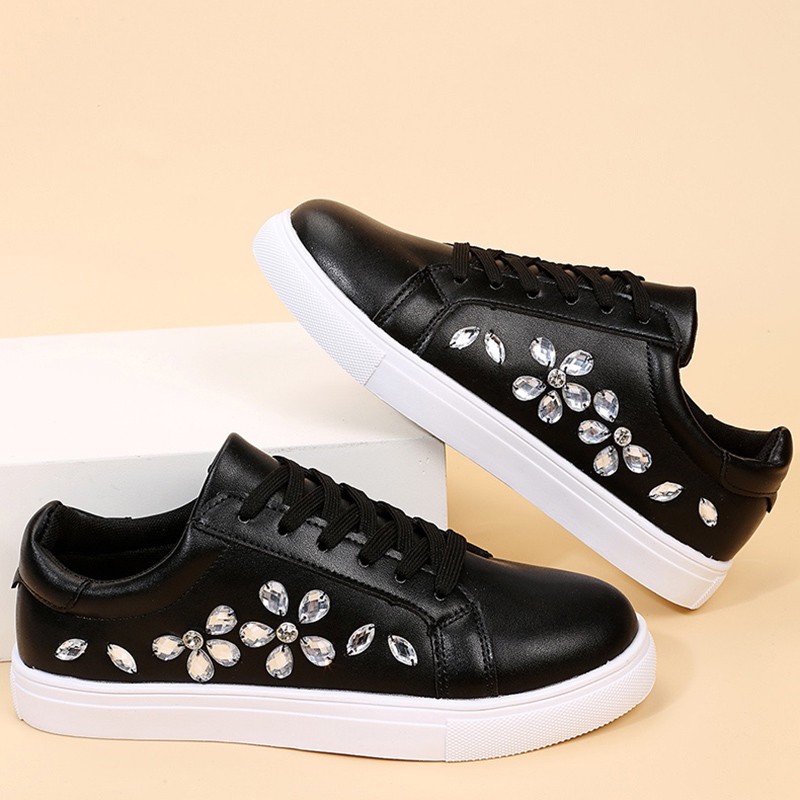 Lucyever Rhinestone White Sneakers Women Spring Summer Comfortable Lace Up Flats Woman Casual Platform Shoes Female Plus Size 42