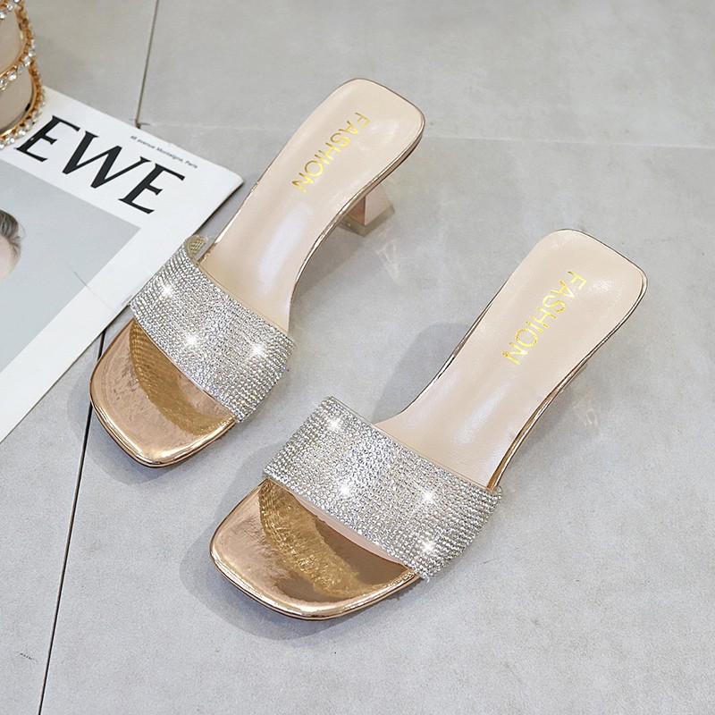 2022 New Bright Diamond Sandals Toe High Heels Women Slippers Sandalia Feminina Party Dress Shoes Sandals Women Size 35-42