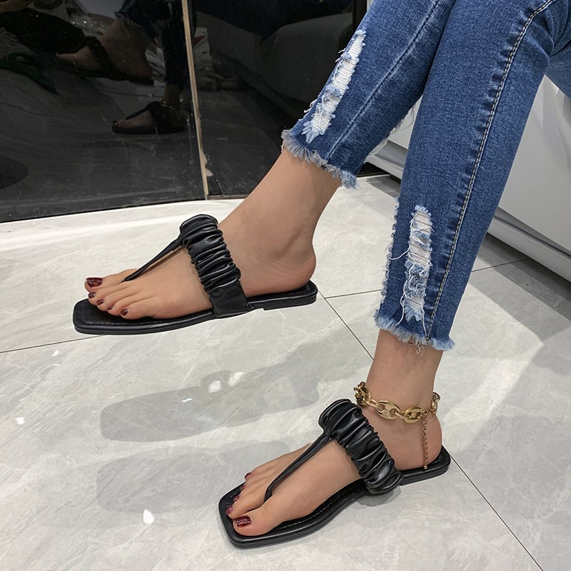 Lucyever 2022 Summer Clip Toe Flat Slippers Women Pleated Pu Leather Square Toe Sandals Woman Solid Outdoor Flip Flops Mujer 43