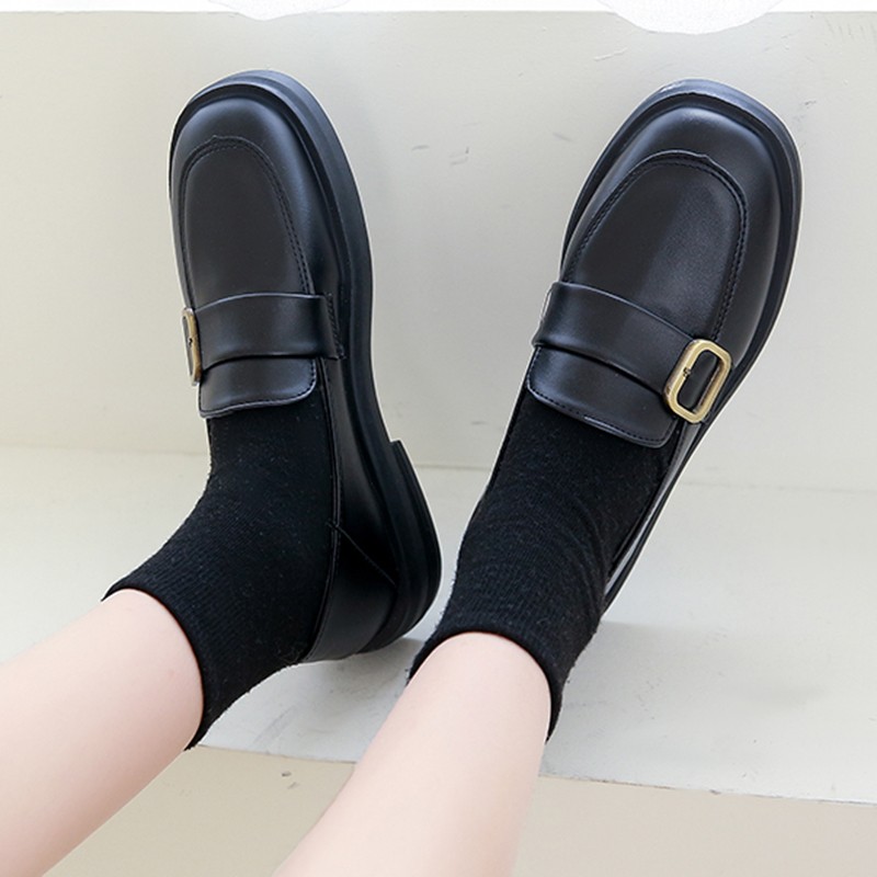 lucifer pearl pu leather loafers shoes for women buckle slip on platform flats woman 2022 spring black round toe office shoes