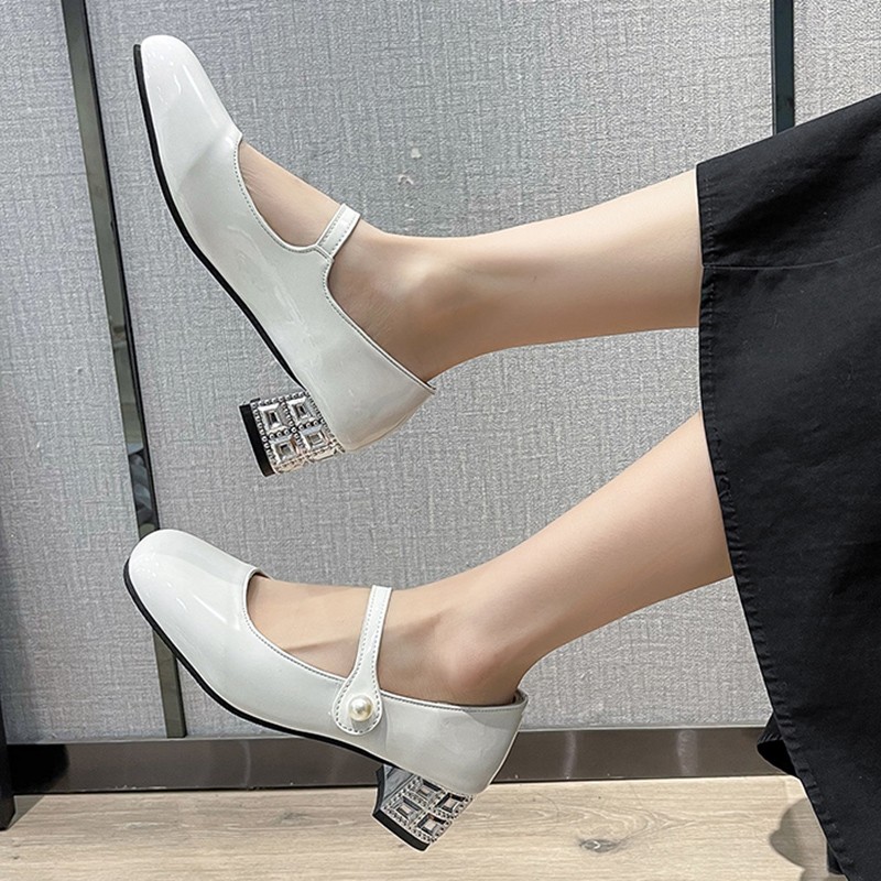 Lucyever Fashion Pearls Ankle Strap Pumps Women Shoes 2022 Rhinestone Thick Heels Mary Janes Woman Patent Leather Office Shoes