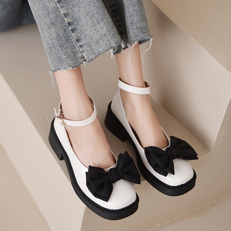 Lucyever Black Bowknot Med Heels Mary Jane Shoes Women 2022 Ankle Strap Platform Pu Leather Shoes Woman Vintage Thick Heel Pumps