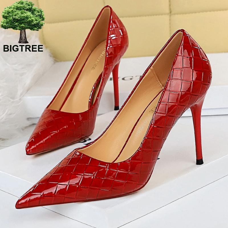 BIGTREE Patent Leather Shoes Woman Pumps 2022 Designer Shoes New Weave Style Fine High Heels Stiletto Heeled Shoes Party Shoes