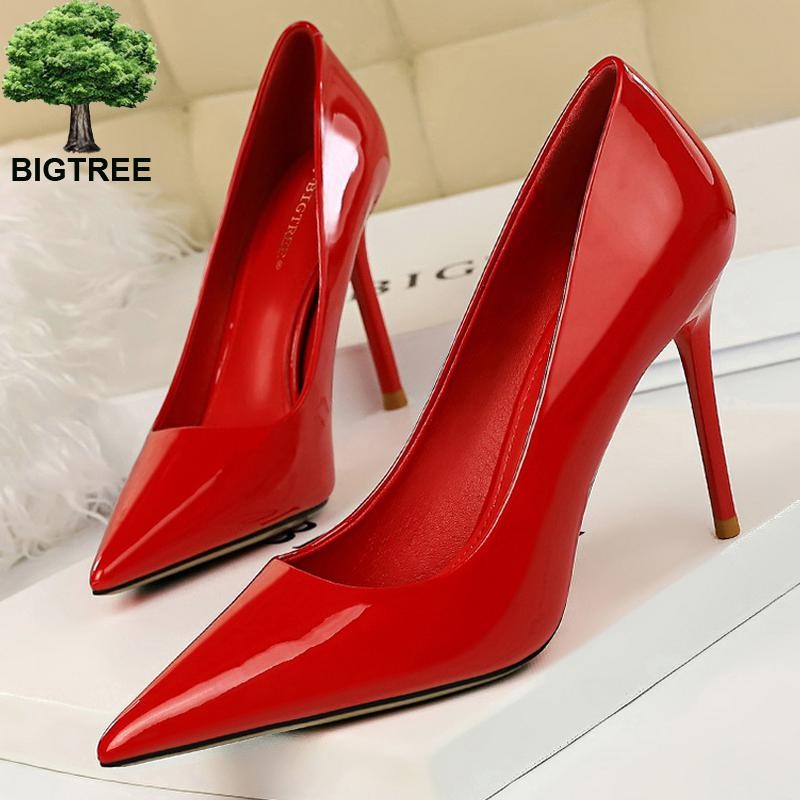 BIGTREE أحذية امرأة الموضة مضخات براءات الاختراع والجلود عالية الكعب Stiletto الكعوب الاحتلال OL مكتب أحذية مثير الكعوب حجم كبير 43