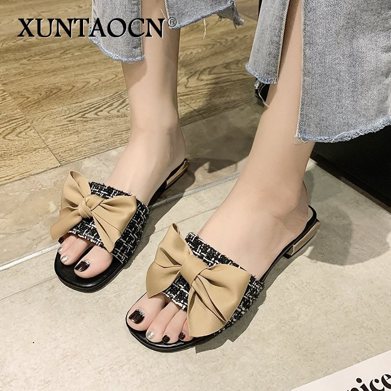 Fairy Silk bow-knot plaid fabric slippers women sandals summer lattices modern shoes woman flip flops metal heels slides femme