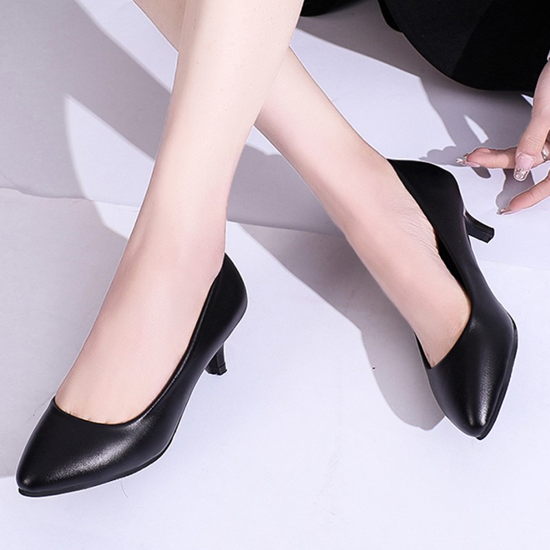 Lucifer 2022 Spring Black PU Leather Women Shoes Pointed Toe Slip On Office Women Shoes High Heels Shallow Mouth