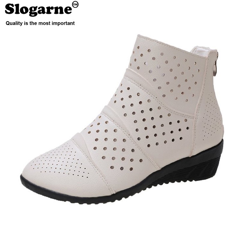 Women's hollow ankle boots female spring shoes 4.5cm medium heel wedges soft leather invisible height increasing short boots