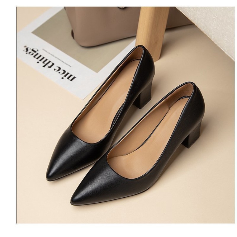 Women's High Heels Shoes Pointed Toe Thick Heels Shallow White Black Solid Single Shoes For Office Ladies