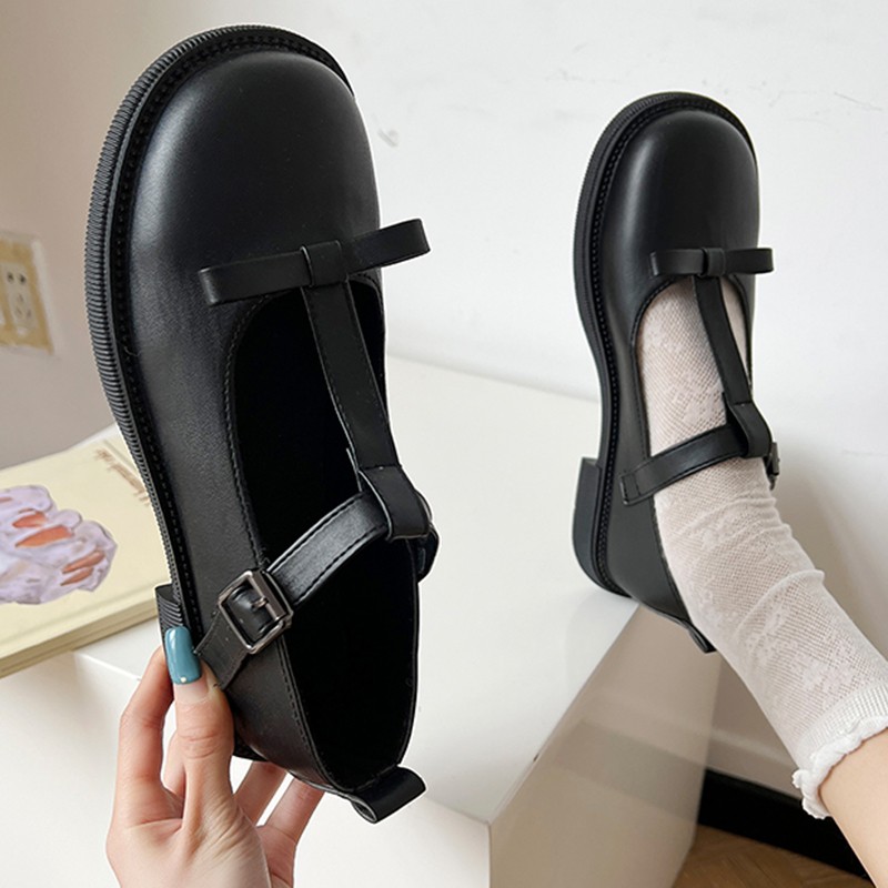 Lucifer 2022 Spring Bow T Strap Mary Jane Shoes Women Round Toe Patent Leather Flats Woman Black Ankle Buckle Casual Shoes