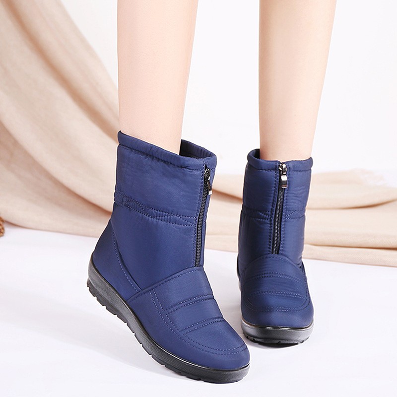 Snow boots for women winter warm plush ankle boots front zipper non-slip cotton-padded female solid color boots