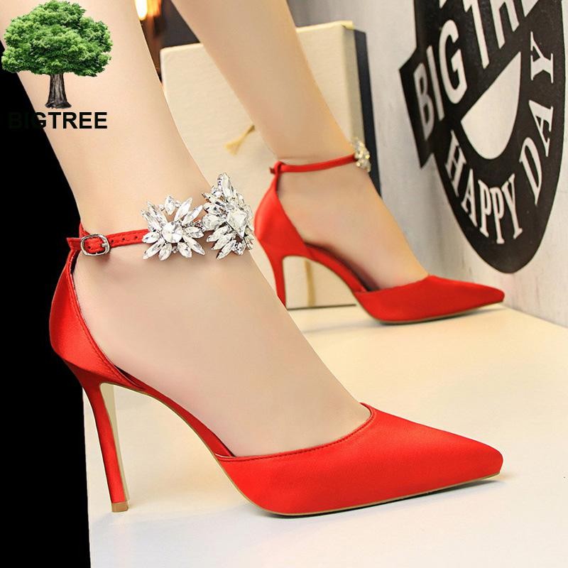 BIGTREE Shoes Women Rhinestone High Heels Woman Pumps Stiletto Silk Satin Women Heels Shoes Ladies Wedding Shoes Women Sandals