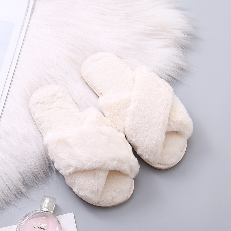 Fashion Women Cozy Fluffy Slippers Cozy Faux Fur Cross Indoor Floor Slides Flat Soft Furry Ladies Female Celebrity Flip Flops