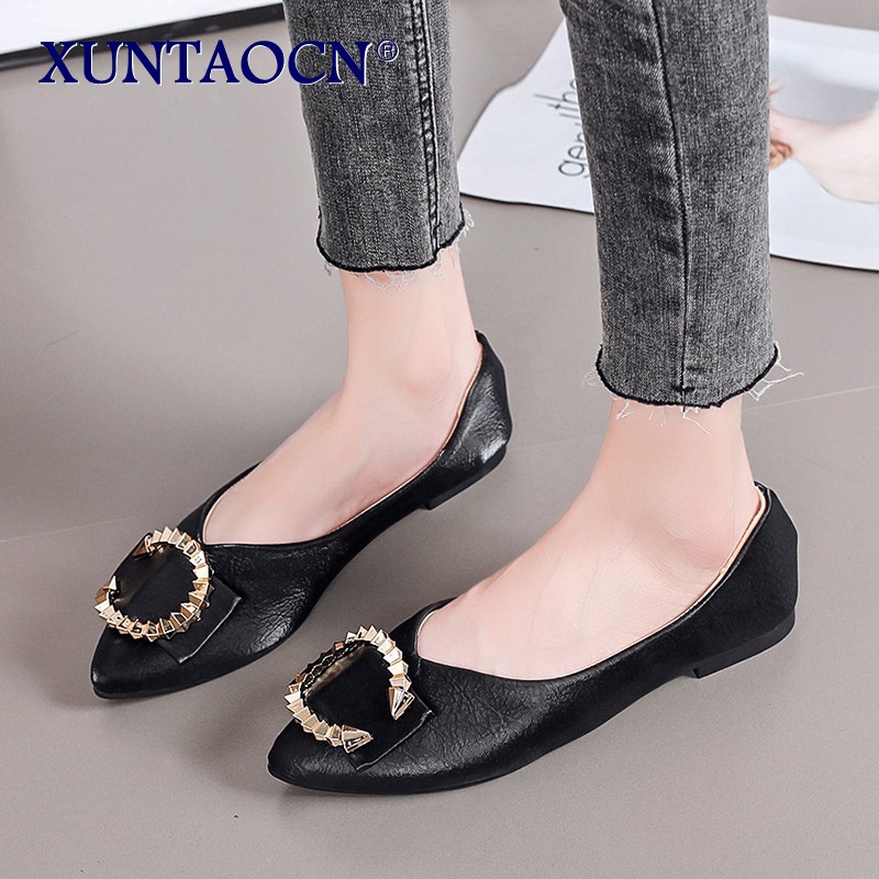 2022 Women's shoes fashion comfortable daily casual trend solid color PU pointed toe golden ring shallow mouth flat shoes