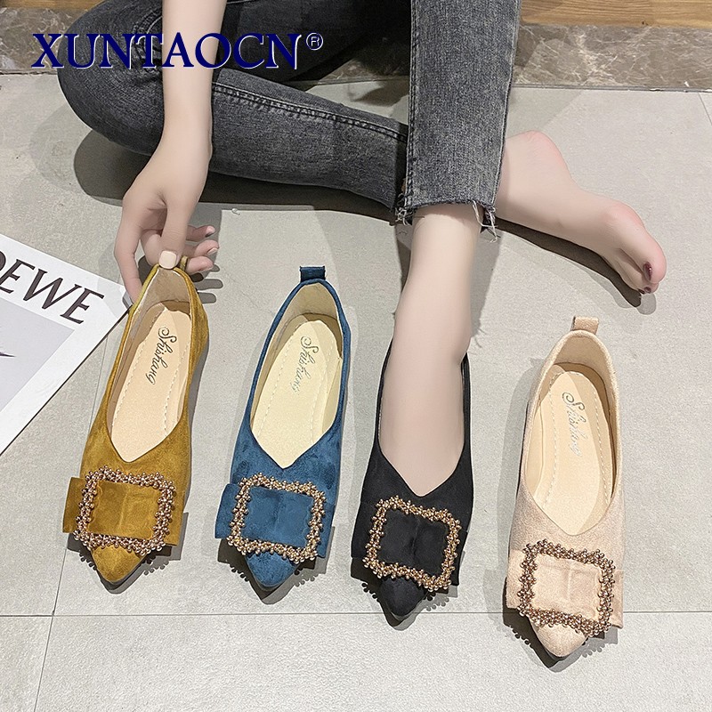 Summer women's shoes sexy pointed square buckle decorative comfortable corduroy fabric banquet flat shoes 2022 new large size