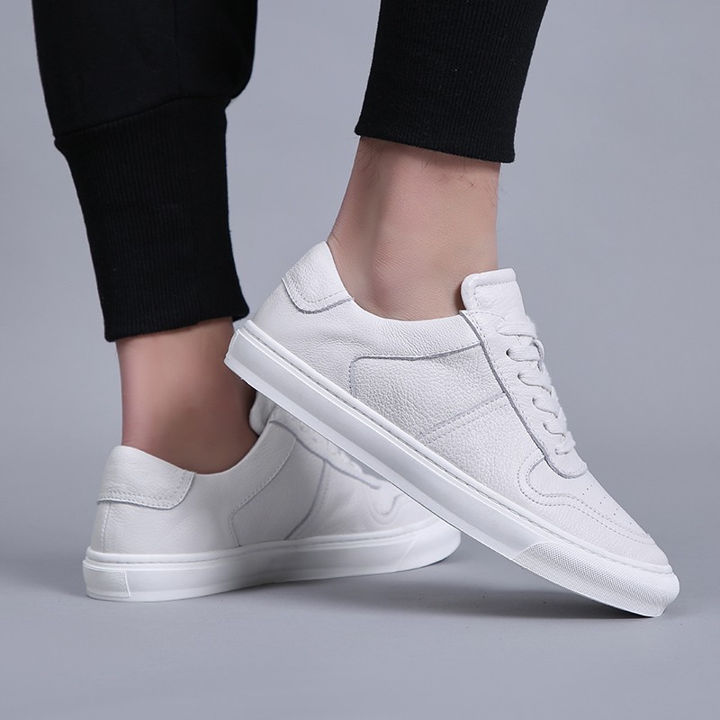 Genuine Leather Men's Sneakers Casual Canvas Shoes Breathable Ventilation Footwear Fashion Male Sneaker Black and White