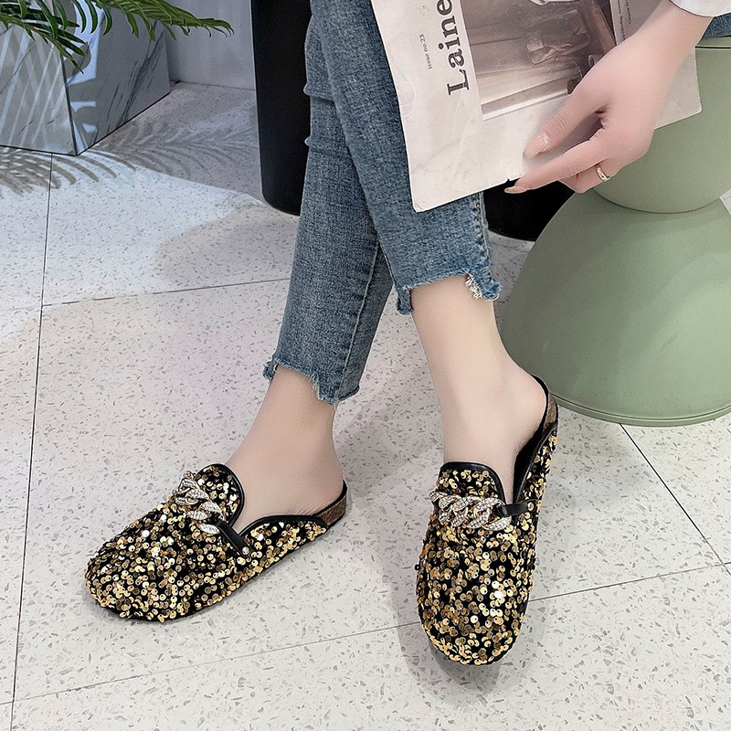 Fashion shoes women sequins metal chain slippers outdoor platform golden sandals 2022 new casual slip on lazy 43 size women shoes