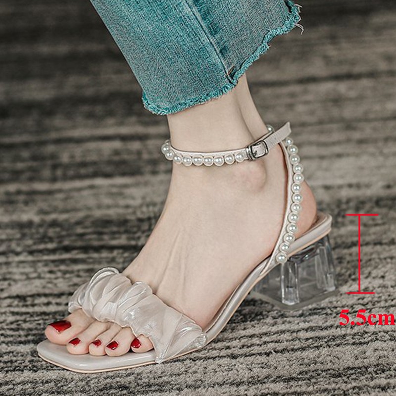 Lucifer Pearl Strap Thick Heel Sandals Women Satin Square Toe Gladiator Sandalias Woman Clear Heel Summer Shoes Plus Size 43