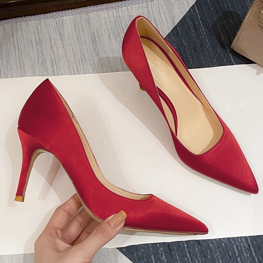 New Office Lady Pointed Toe Red Yellow Wedding Bridal Shoes Silk Satin Thin High Heel Stiletto Bride Shoes Women Pumps O0008