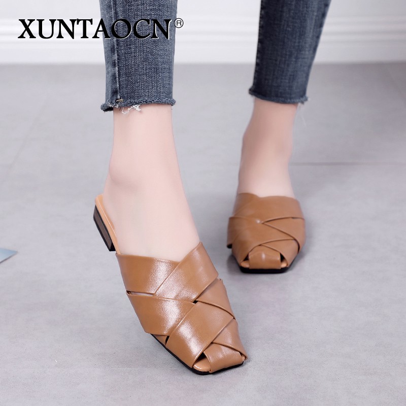 Flat Slides Mules Shoes Woman Summer Ladies Elegant Shoes Half Slippers Women's Shoes Lazy Zapatos Mujer