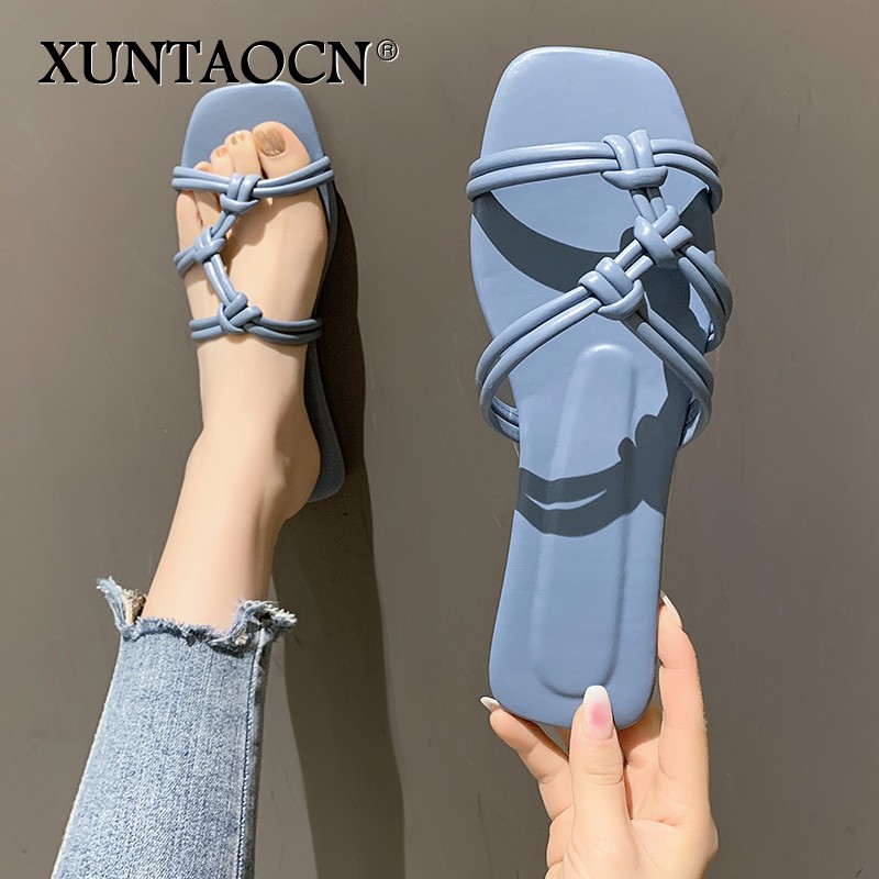 2022 Slippers women summer  Korean version new square-toe flat-heel candy color fashion outer wear sandals slippers