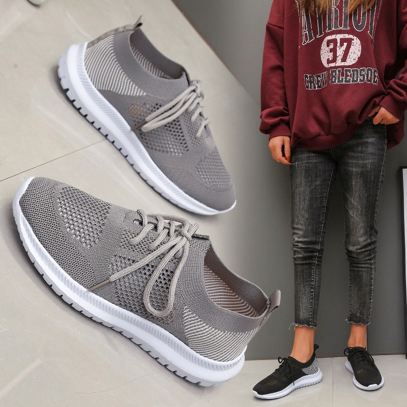 2022 spring sneakers women knitting soft vulcanized flat shoes platform lace-up mesh comfortable ladies casual shoes