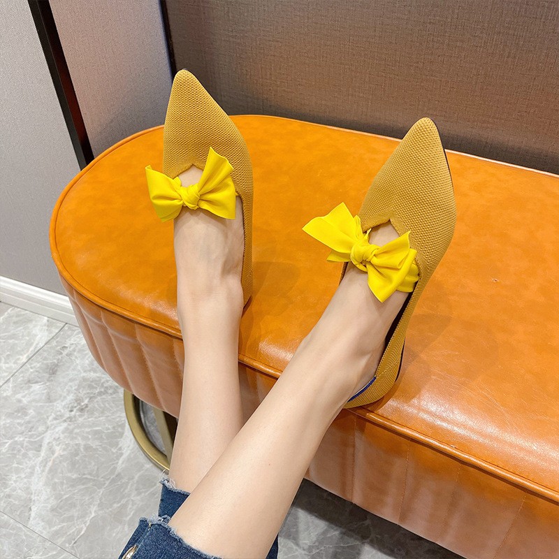 2022 women's flat shoes breathable knit pointy bowknot moccasin plus size mixed color women's soft shoes women's ballet shoes