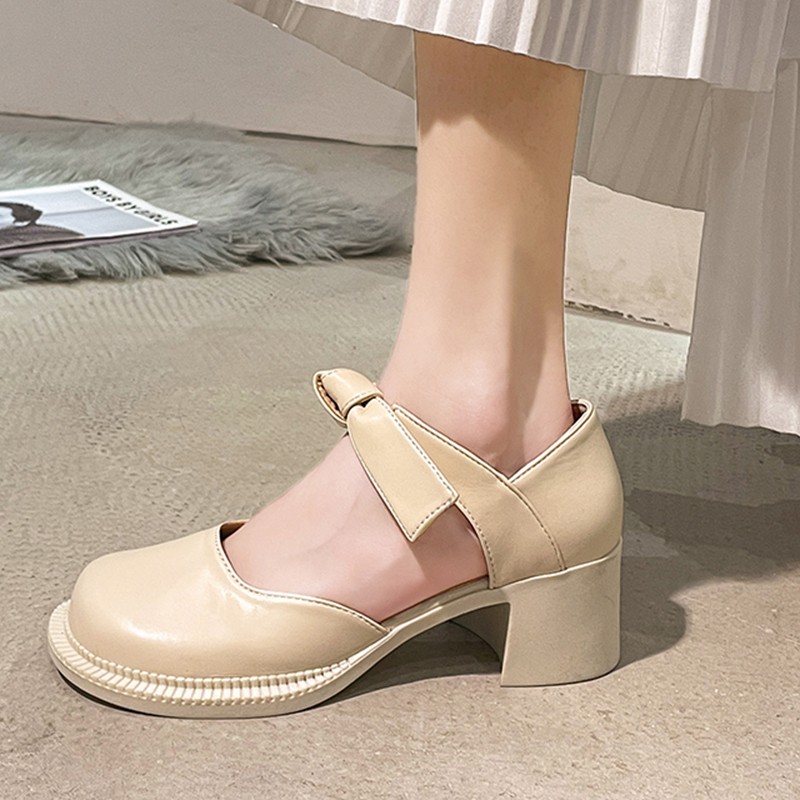 Lucyever 2022 Spring Women's Ankle Strap Pumps Fashion Thick Heels Mary Jane Shoes Woman Black Beige Pu Leather Shoes Female