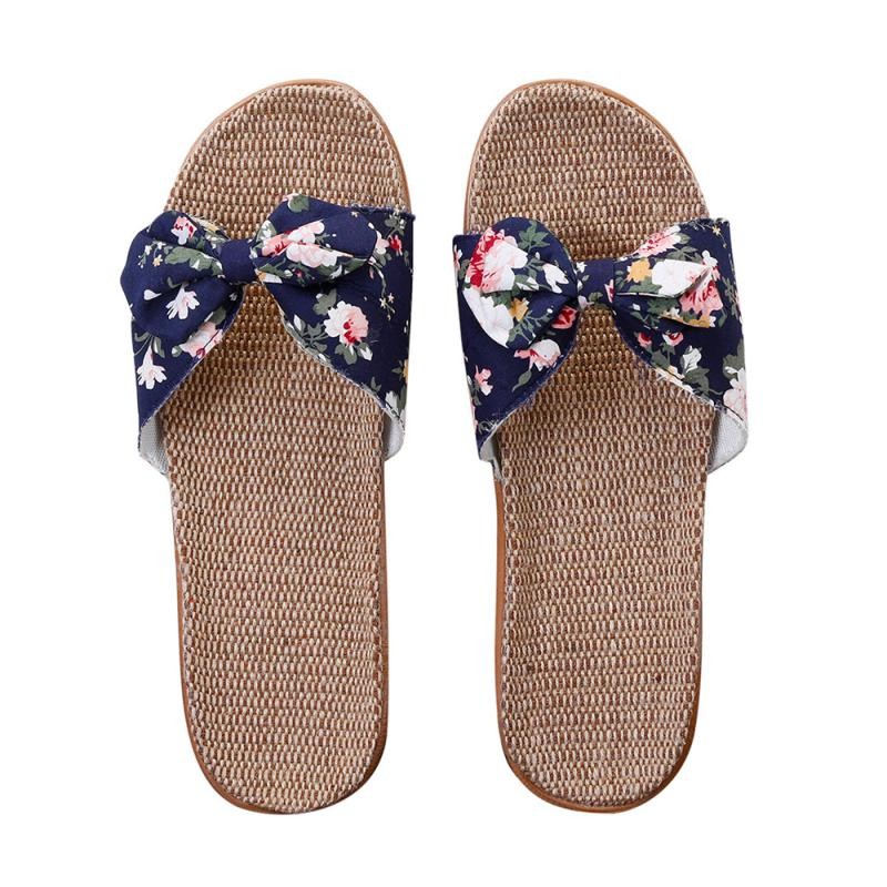 Summer Bowknot Linen Slippers Women Ladies Slippers Soft Bottom Silent Indoor Slippers Casual Slides Breathable Beach Shoes