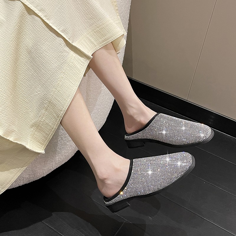 rhinestone pumps bling square toe black mules new casual slippers stirrup women shoes fashion half drag lazy loafers women heels