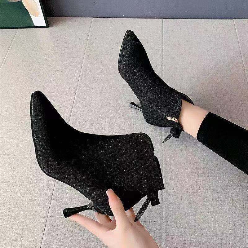 ZUZI Pointed stiletto bow high heels 2021 autumn and winter new martin boots female side zipper rhinestone short boots women