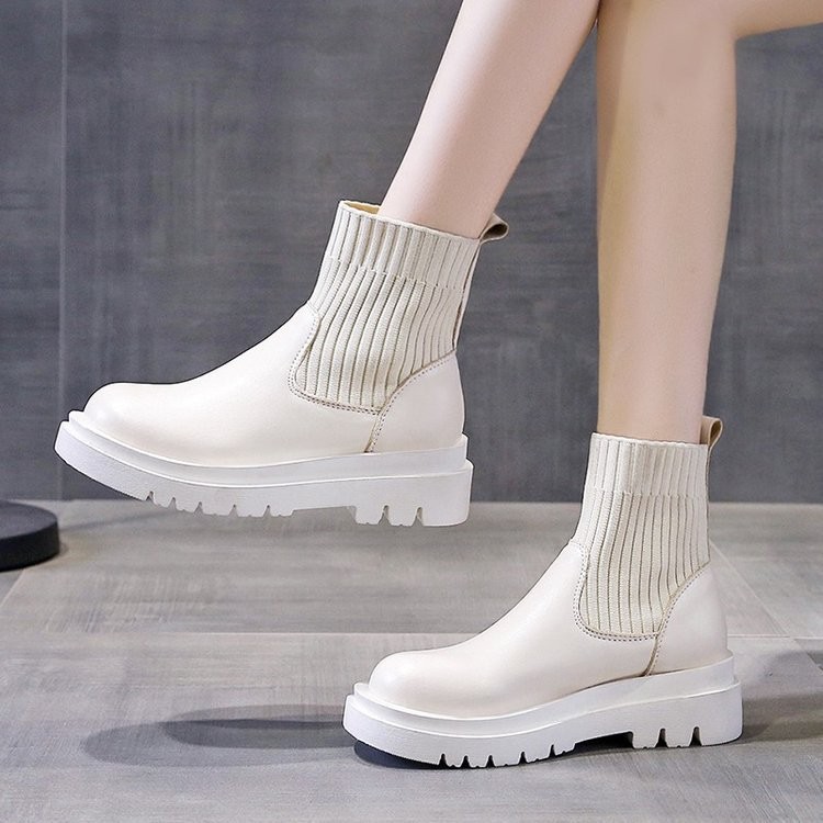 Knitted Leather Thigh High Boots Women Mid Tube Socks Boots 2021 New Autumn Women Fashion Martin Boots