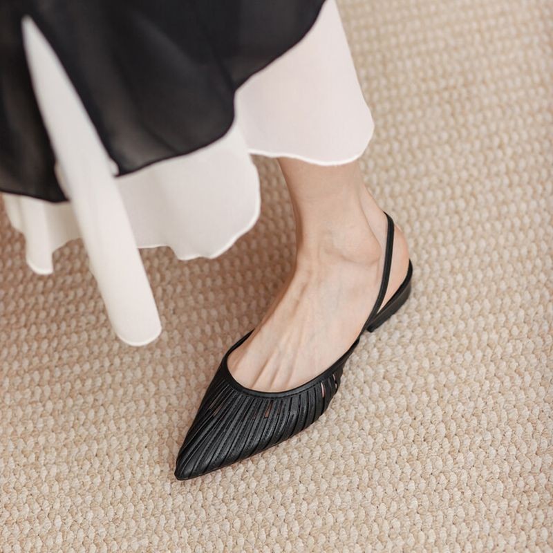 REAVE CAT Genuine Leather Women Sandals Flats Pointed Toe Shallow Back Strap Hollow Size 34-40 Solid Black Apricot Summer S3659