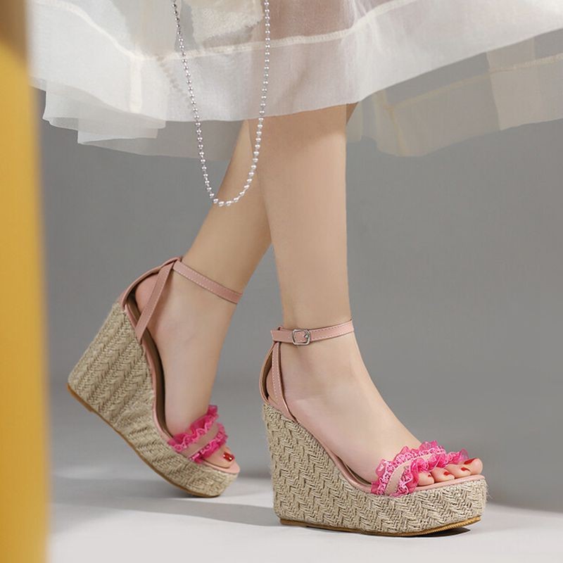 REAVE CAT 2022 Woman Sandals Esparddrilles Peep Toe Wedges Heel Lace Pleated Buckle Strap Big Size 30-48 Pink White Summer S3615