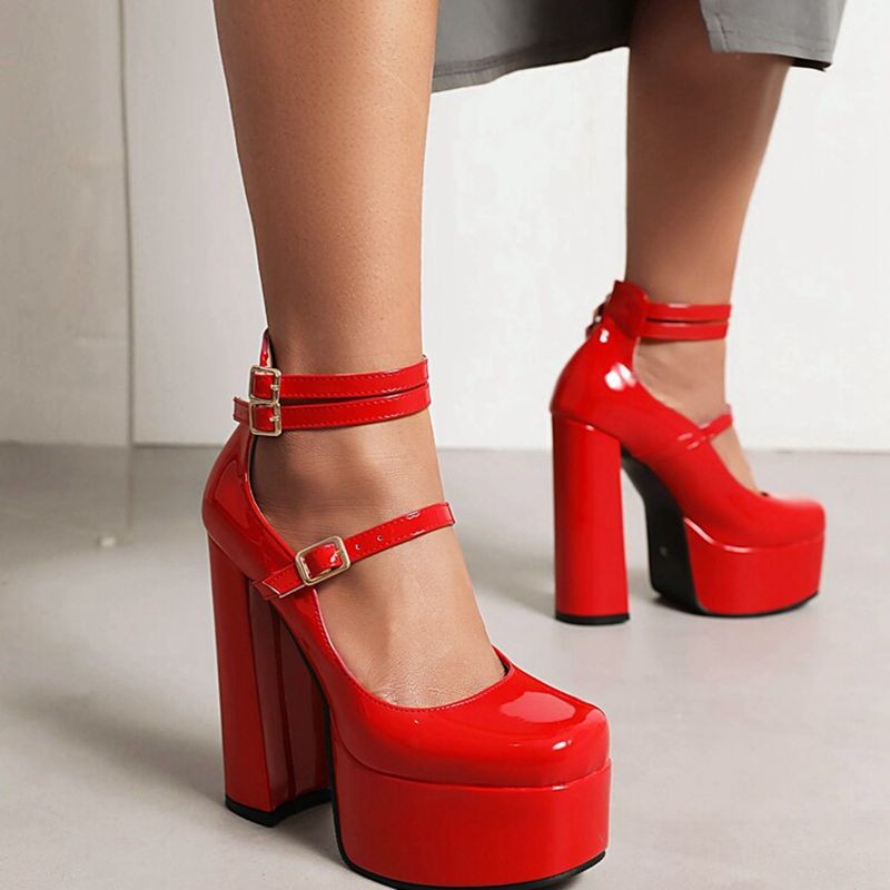 REAVE CAT Women Pumps Square Toe High Block Heels Buckle Straps Punk Plateform Big Size 35-41 Solid Red Black Sexy Spring S3626