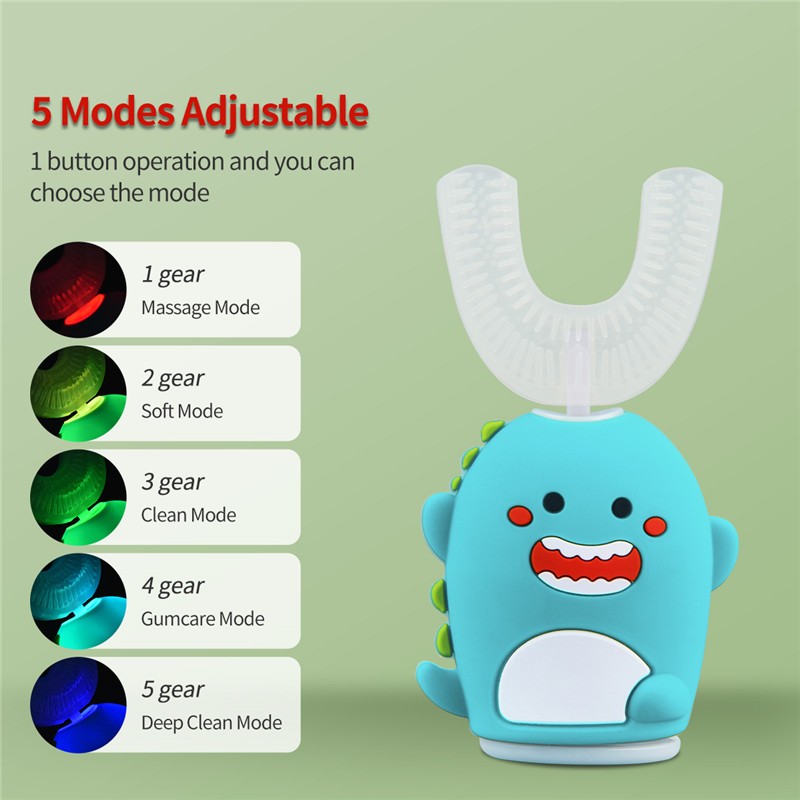 CkeyiN 2 in 1 Sonic Vibration U Shape Kids Electric Toothbrush 5 Adjustable Modes Cartoon Teeth Whitening Cleaning Brush