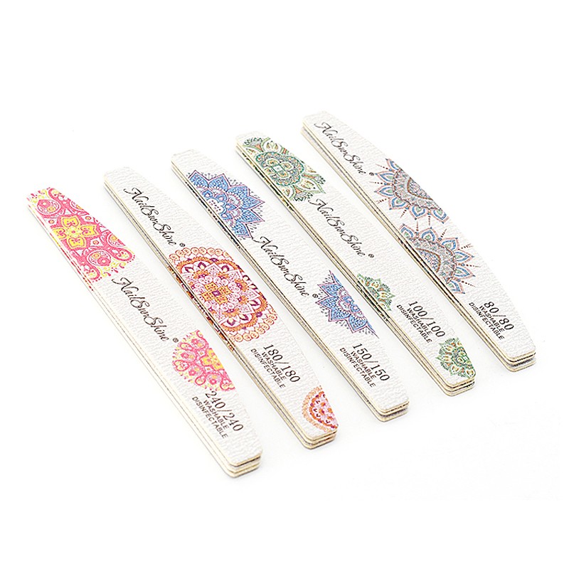 10pcs Print Flower Nail Files Gray Sandpaper Wooden Manicure File 80 100 150 180 240 Grit Professional Boat Sanding Nails Tools