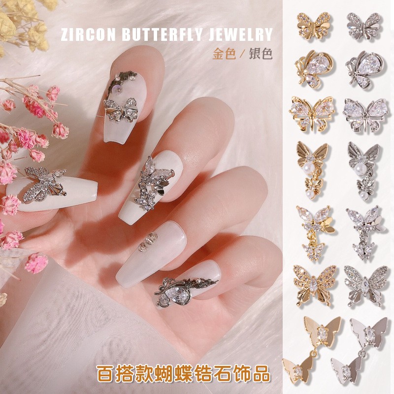 3pcs Butterfly manicure new luxury zircon nail drill paste three-dimensional metal pendant chain nail jewelry