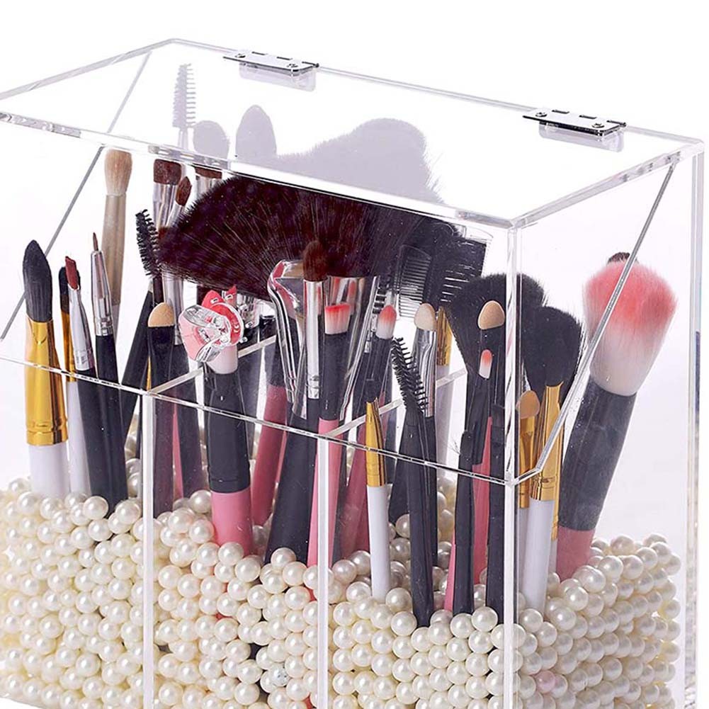 Pearl Clear Acrylic Cosmetic Brush Holder Transparent Container Dustproof Beauty Tools Makeup Organizer Pen Storage Box