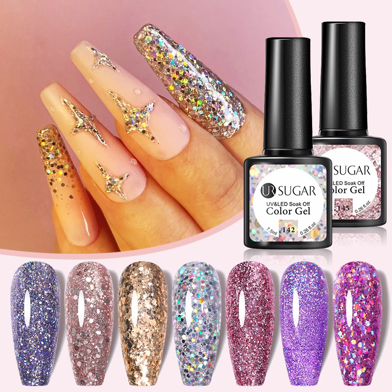 UR SUGAR 7.5ml Glitter UV Gel Polish Bling Sequins Rose Gold Silver Soak Off Manicure Nail UV Gel Polish Lacquer Base