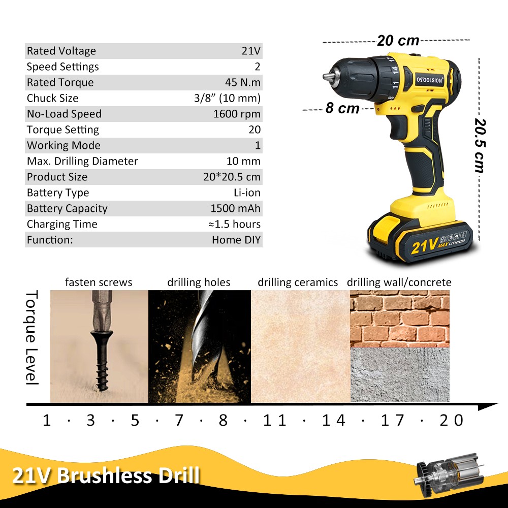 Otool sion 21V New Brushless Cordless Drill Battery Screwdriver Battery Electric Screwdriver Lithium Battery Power Tools