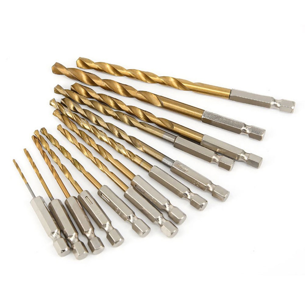 13pcs HSS High Speed ​​Steel Titanium Coated Drill Bit Set 1/4 Hex Shank 1.5mm-6.5mm Hexagonal Handle Twist Drill