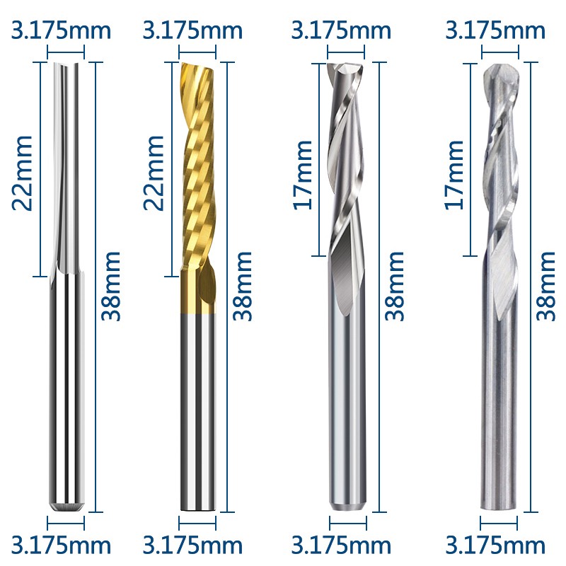 XCAN Milling Cutter 10/40pcs CNC Router Bit 3.175 Shank Ball Nose Flat Straight Milling Clip Final Flute Carbide Mining Tools