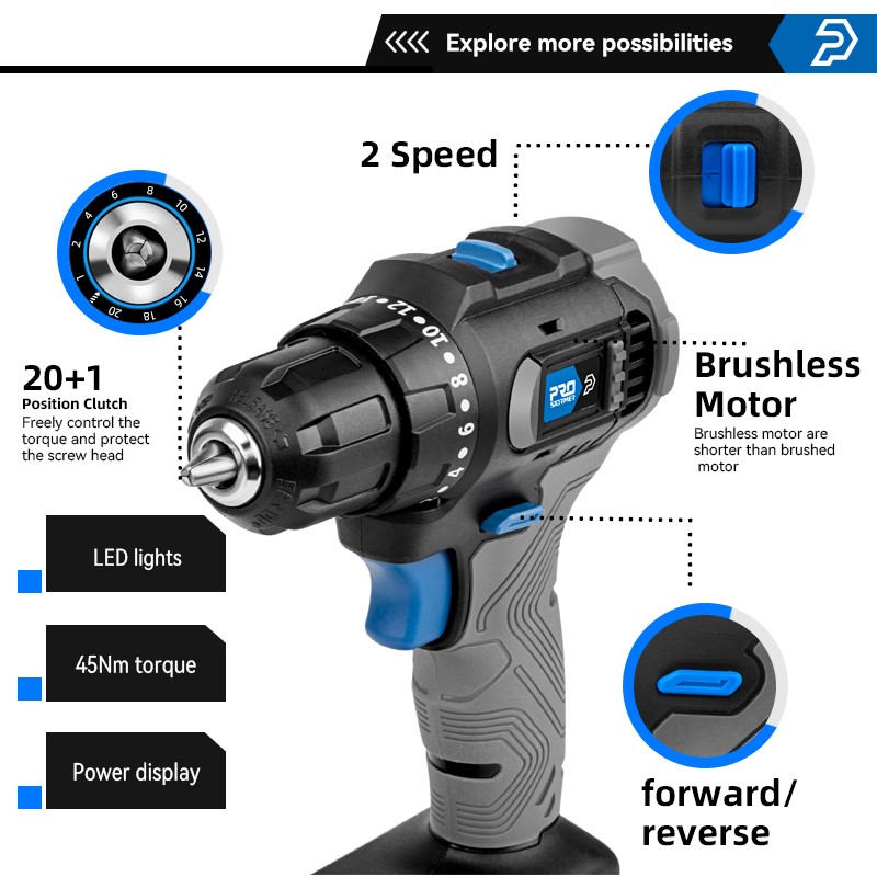 Electric Drill Brushless 45NM Cordless Drill 20V Mini Electric Power Tools Repair Screwdriver 5pcs Bits by PROSTORMER