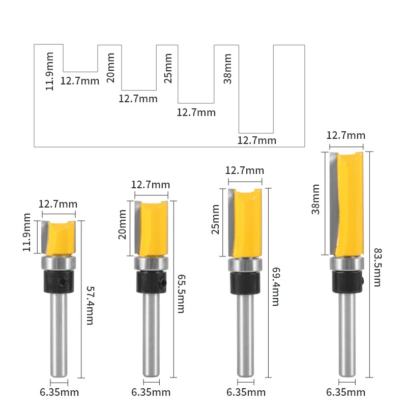 NXWIND 4pcs 1/4 Shank D1/2 Template Trim Pattern Router Bit Woodworking Milling Cutter for Flush Cleaning