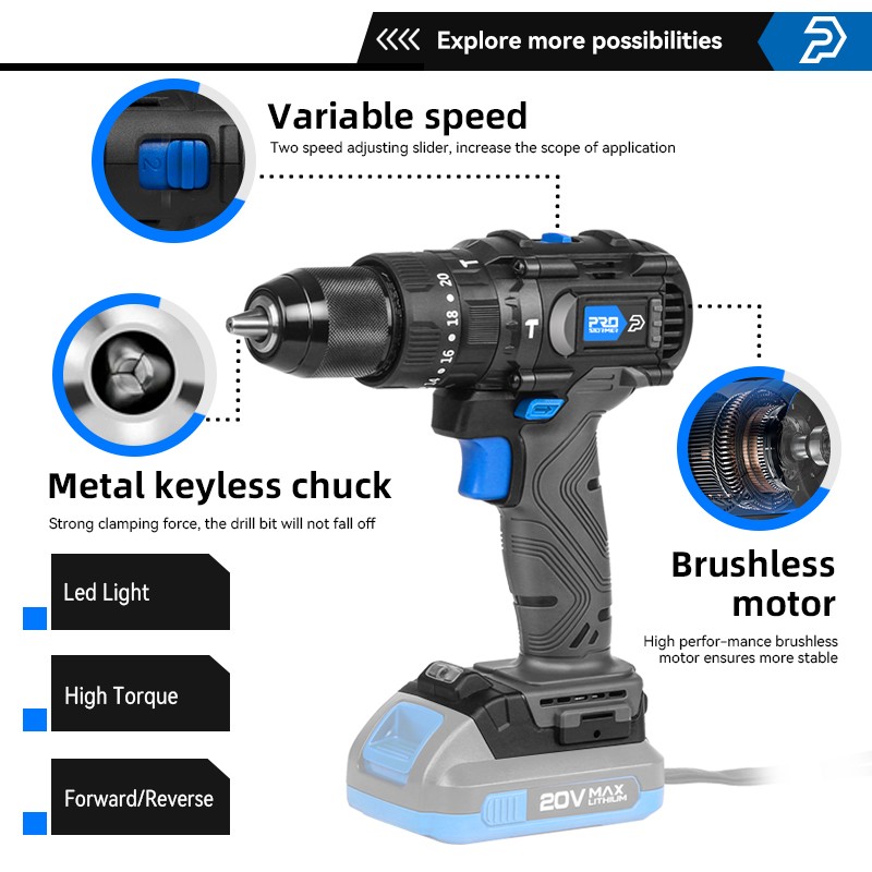 60NM Brushless Electric Hammer Drill Machine 20V Cordless Impact Screwdriver 13mm Steel Wood Construction Power Bare Tools PROSTORMER