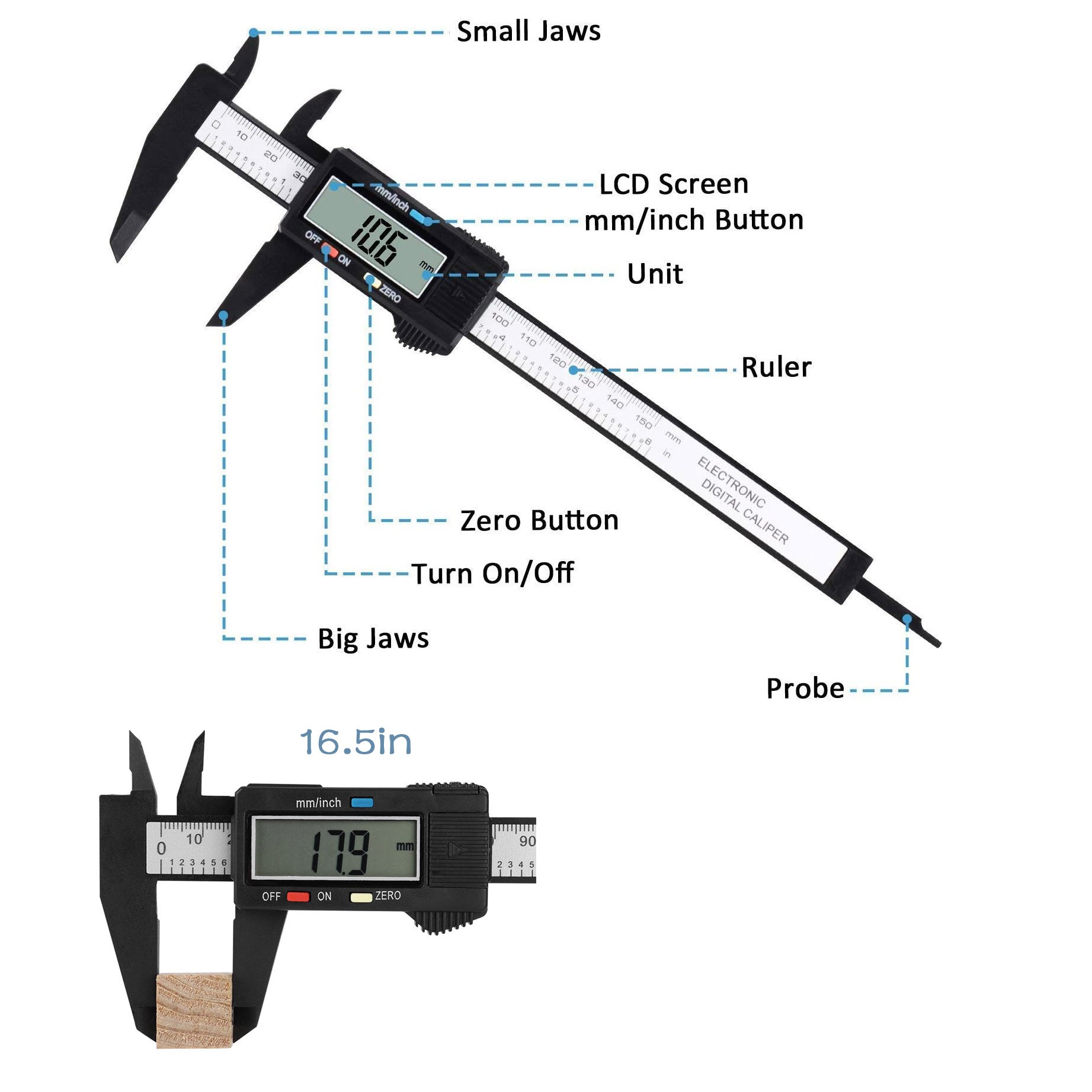 Electronic digital caliper digital caliper plastic fiber body with 0-6 inch/mm large LCD display vernier caliper