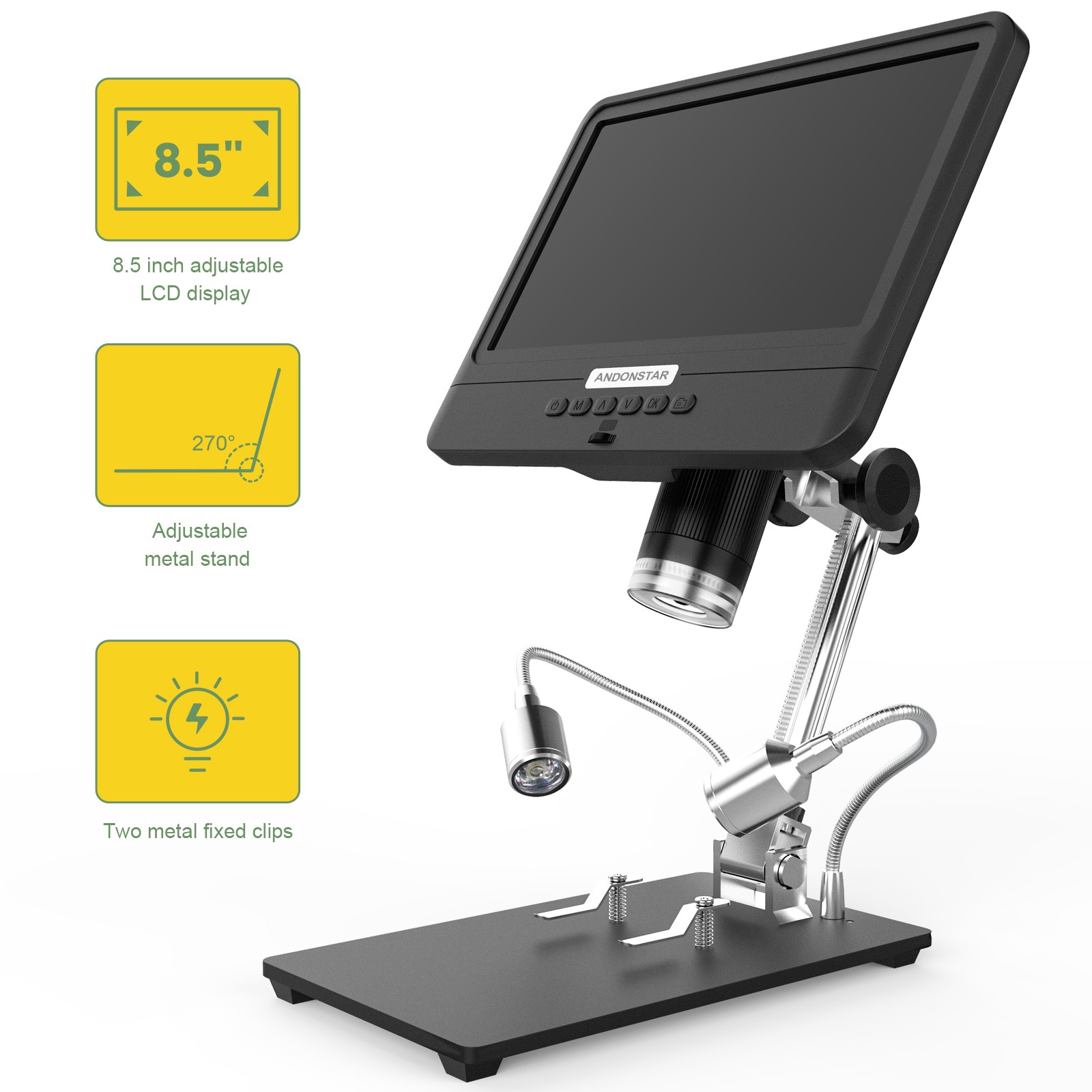 Andonstar AD208S Digital Microscope, 8.5 inch LCD Display, 5X-1200X, 1280*800, 1080P Adjustable Range, Soldering Tool with 2 Fill Lights