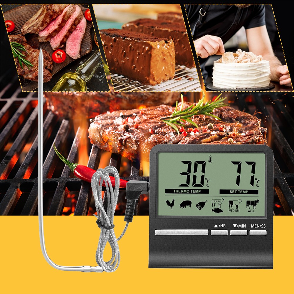 Digital Kitchen Barbecue Food Thermometer Stainless Steel Probe Outdoor BBQ Cooking Oven Meat Food Temperature Alarm Timer